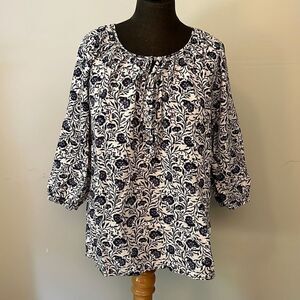 Anne Carson Women's Blue White Floral Tie Front Linen Blend Blouse